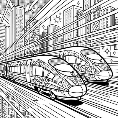 Experience the thrill of urban speed with this vibrant Pop Art high-speed train coloring page. Capture the energy of futuristic travel and city life with your creative touch.