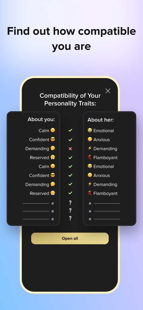 Merlin Dating app screen showing a personality trait compatibility analysis between two individuals