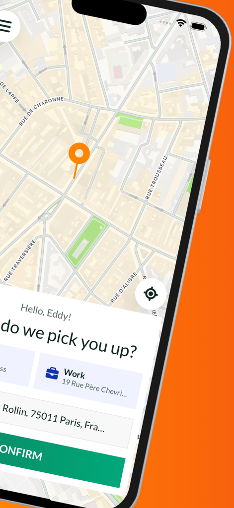 Interfaccia dell'app Allocab che mostra una mappa di Parigi per la prenotazione di un autista privato o taxi moto