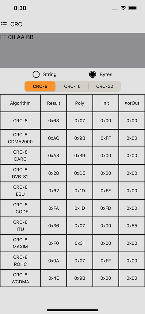Programmer Calculator - Dev - Interfaz de Calculadora de Programador que muestra los resultados del algoritmo CRC 8 para entrada hexadecimal