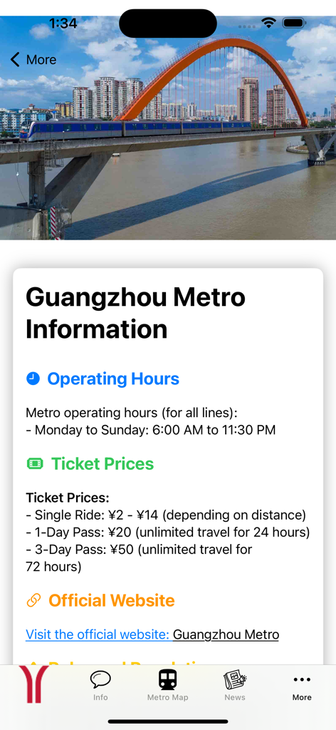Guangzhou Subway Map - Guangzhou Metro info screen showing operating hours and ticket prices