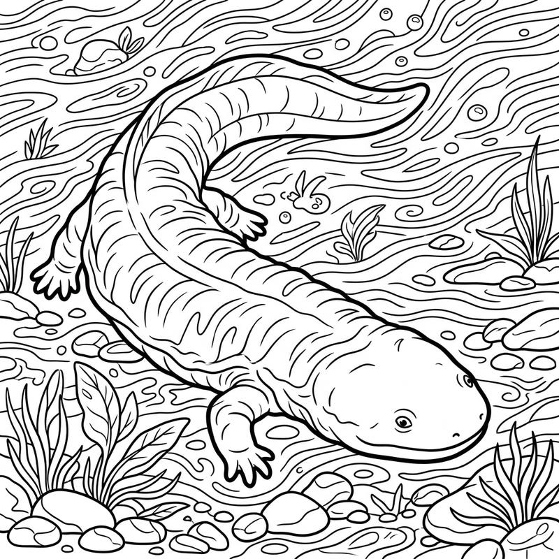 Embark on an aquatic art journey with our detailed Hellbender Salamander coloring page. This unique creature from North American rivers offers a fascinating subject for adult colorists.