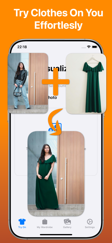 AI Clothe Changer: FashFit - A demonstration of the FashFit app showing a woman virtually trying on a green dress using AI technology.
