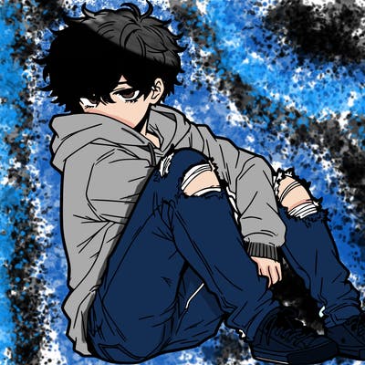 a male hoddie ripped jeans messy hair anime