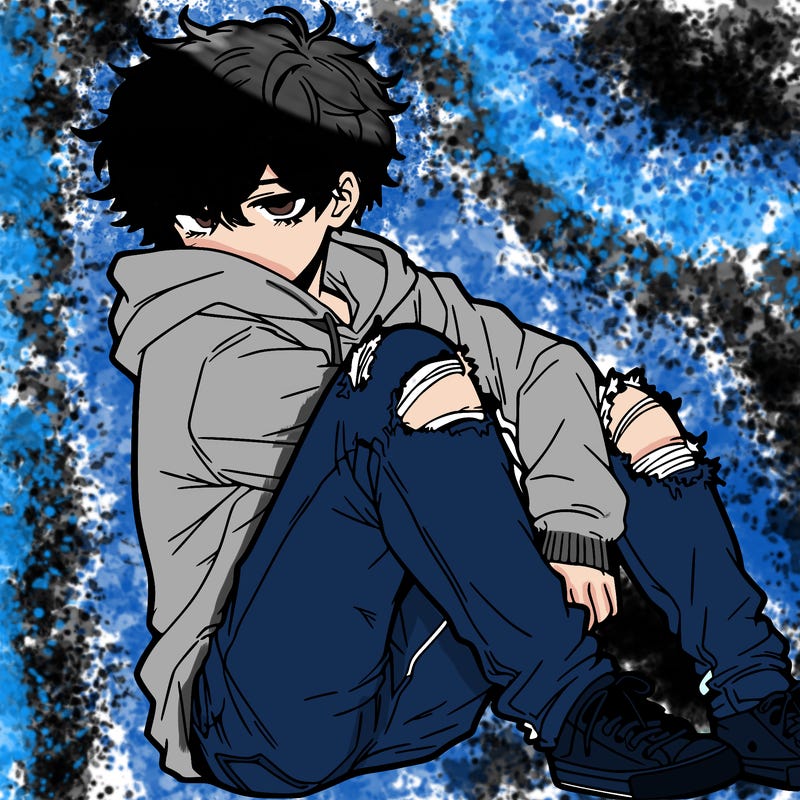 a male hoddie ripped jeans messy hair anime