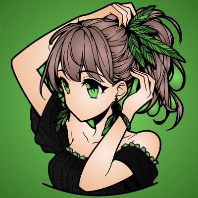 anime girl tucking her hair behind her ear with feathered earrings