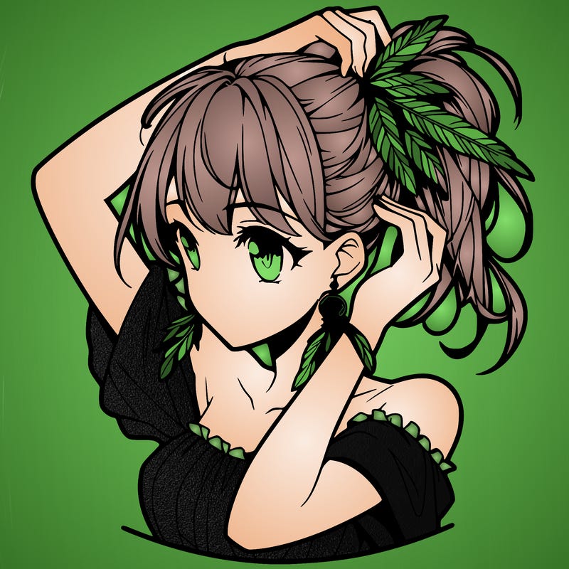 anime girl tucking her hair behind her ear with feathered earrings