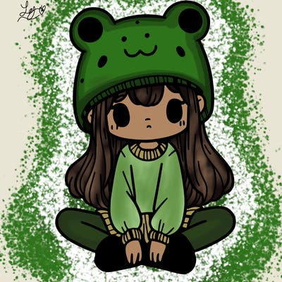 a girl wearing a frog hat and some frog socks