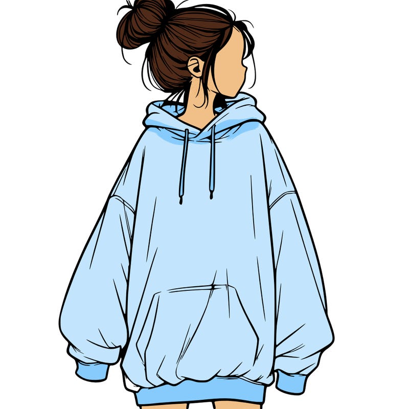 realistic girl with a oversized sweatshirt on and a bun