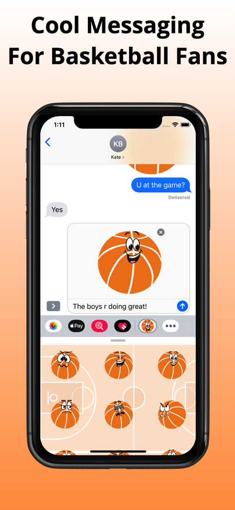 Une capture d'écran d'un chat iMessage présentant de grands autocollants de personnages de basketball et une sélection d'emojis de basketball expressifs