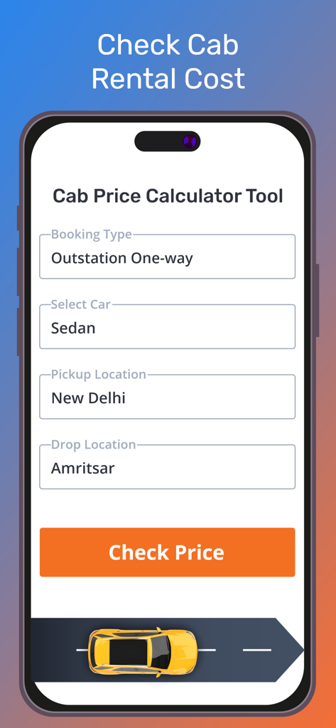 Orange Book Value app interface for calculating cab rental costs