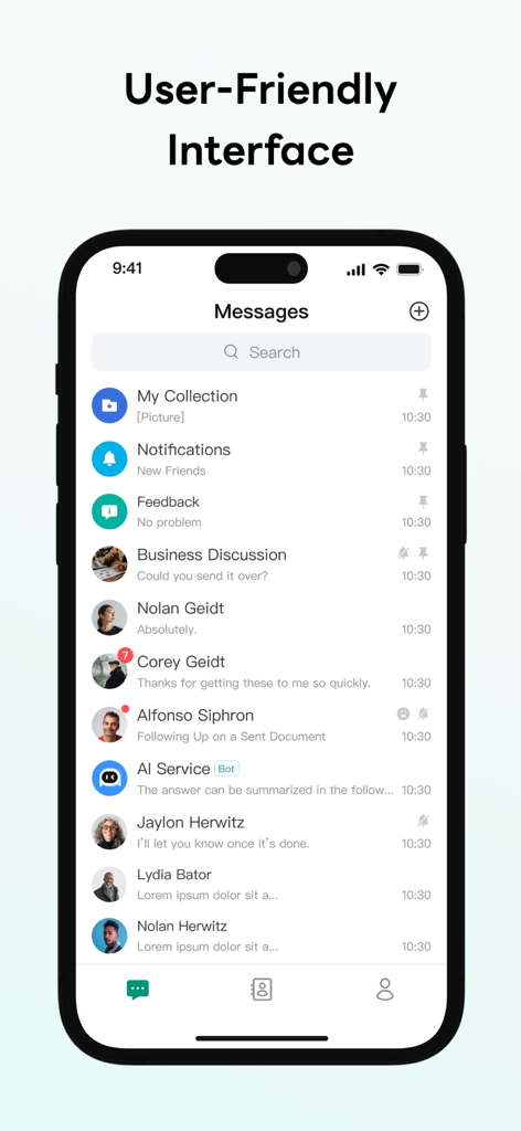 Interfaz de la aplicación de mensajería BonChat mostrando una lista de chats y un diseño fácil de usar
