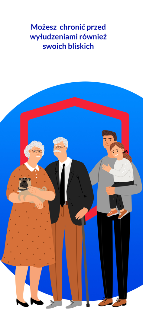 Illustration einer mehrgenerationalen Familie innerhalb eines schützenden Schildsymbols, das Identitätsdiebstahlschutz darstellt