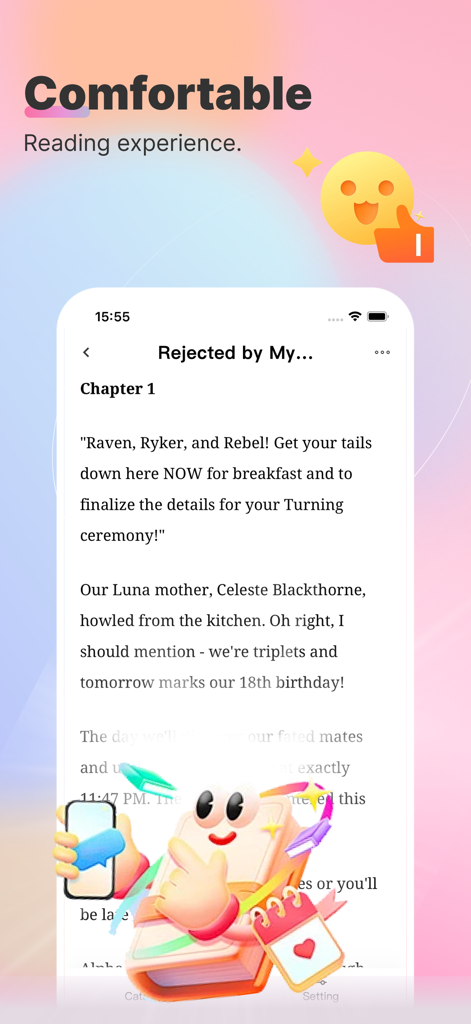 Interface de l'application Novelove montrant une histoire d'amour de loup-garou avec une mise en page de lecture confortable.