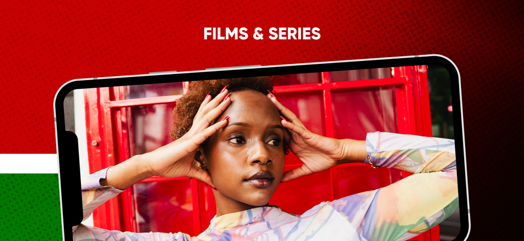 KeniStream: Watch Live TV - A woman appearing on a smartphone screen within the KeniStream app under the Films and Series category
