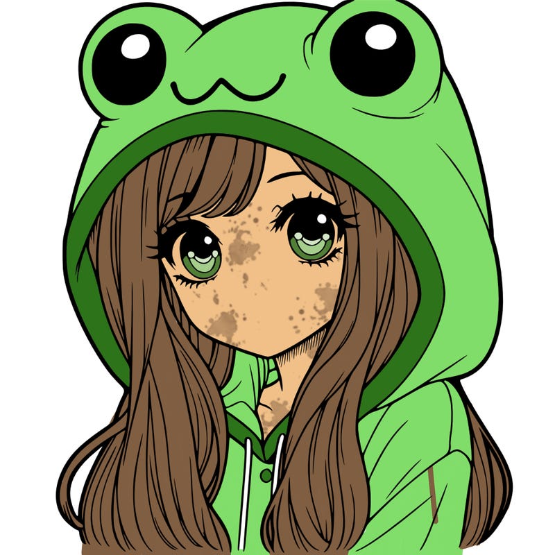 a pretty girl wearing a frog hoodie portrait with long hair