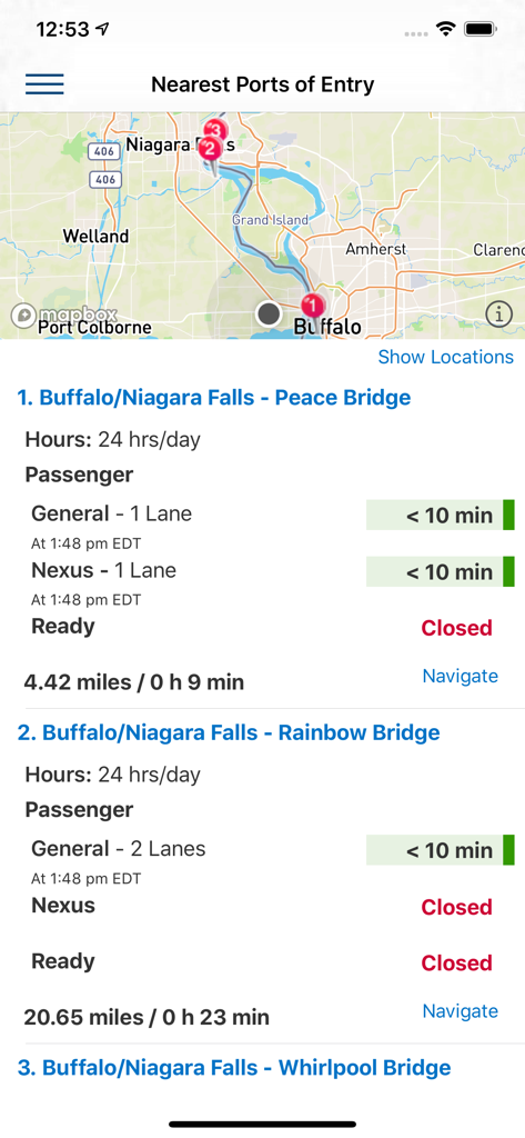 Tempos de espera em tempo real e status da pista para os portos de entrada de Buffalo e Niagara Falls na interface do aplicativo CBP.