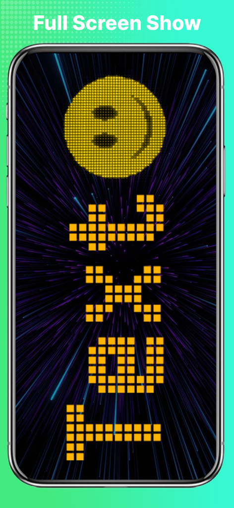 Letrero LED Digital - Smartphone-Bildschirm zeigt ein Vollbild-LED-Display mit einem gelben Smiley und vertikalem pixeligem Text auf dunklem Hintergrund mit Lichtstreifen.