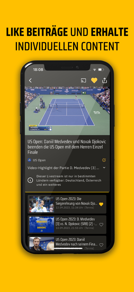 Sporteurope.TV app showing US Open tennis highlights and personalized video content.