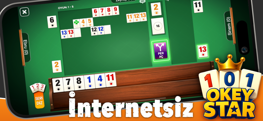 101 Okey Star ( internetsiz ) - Gameplay of 101 Okey Star showing tiles and game board in offline mode