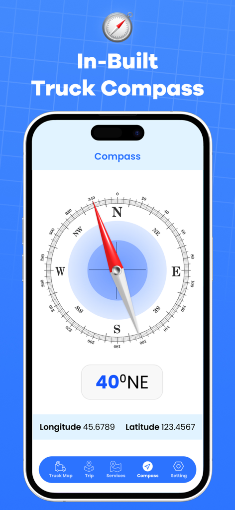 Truck Map Routes : Truck GPS - Mobile app screen showing an integrated digital compass with direction and coordinates for truck navigation