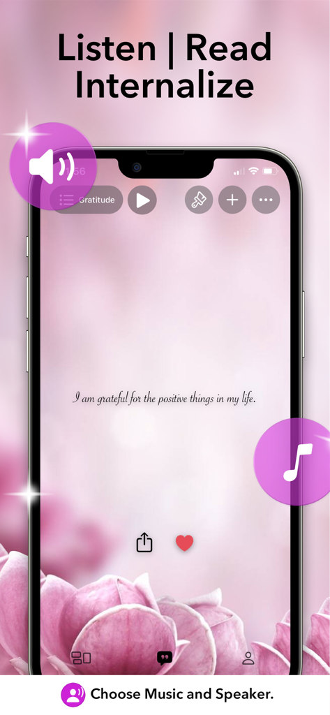 Vision Board ++ Maker Manifest - Un écran d'affirmation de gratitude sur l'application Vision Board avec des options pour écouter de la musique et des voix off.