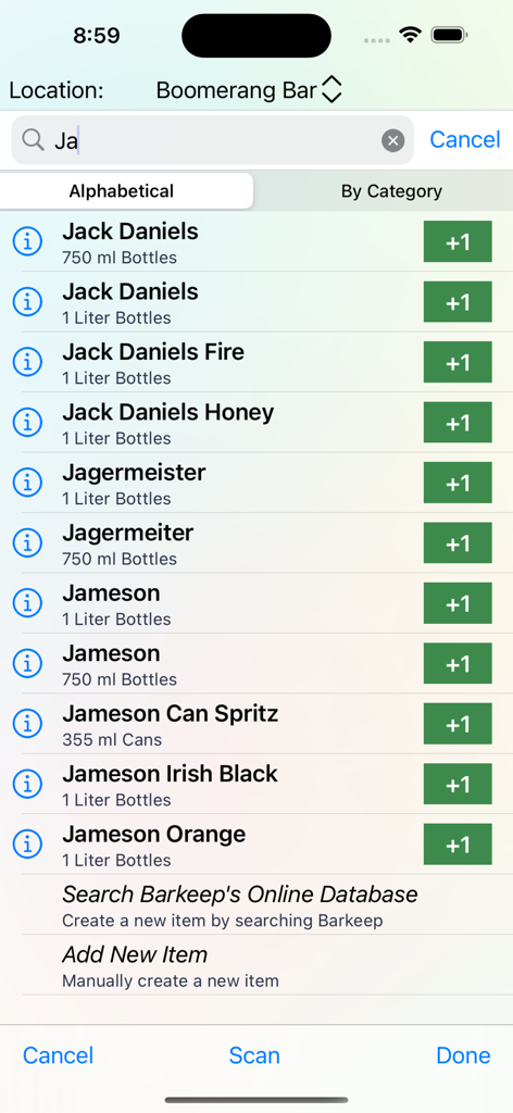 BarkeepApp mobile search screen showing a list of liquor bottles with bottle sizes for bar inventory