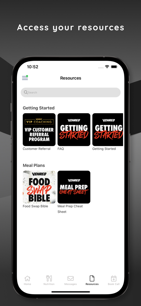 V Shred VIP app resources page featuring meal plans and getting started guides.
