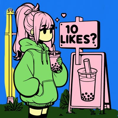 girl with oversized hoodie drinking boba and she has a high ponytail with a sign that says 10likes?