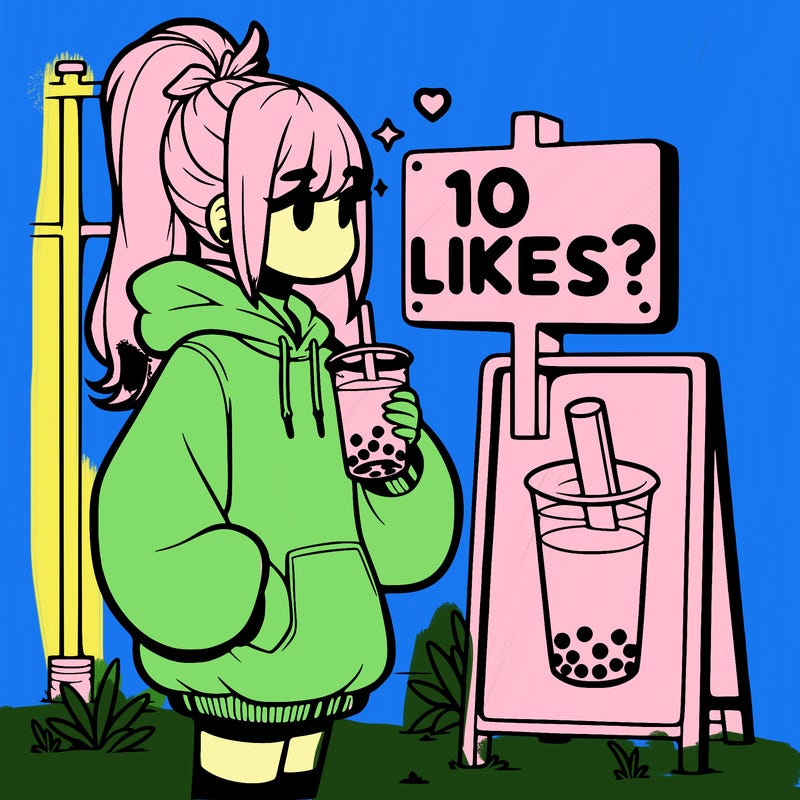 girl with oversized hoodie drinking boba and she has a high ponytail with a sign that says 10likes?