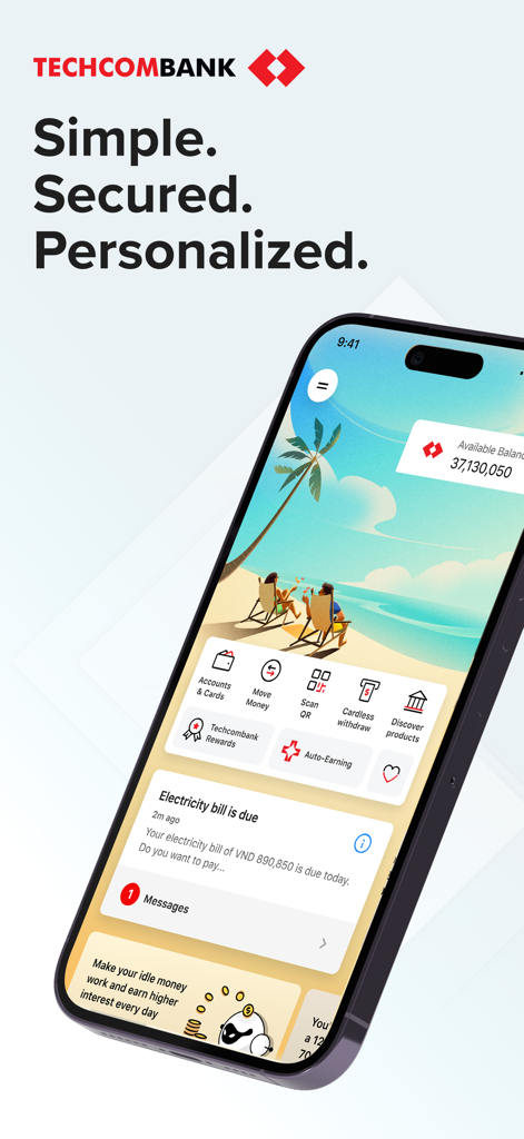 Techcombank Mobile - Techcombank Mobile home screen on iPhone showing personalized dashboard and bill alerts