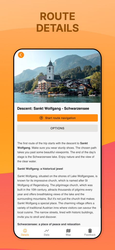 GUIBO - Tela do aplicativo móvel mostrando detalhes da rota para uma viagem de caminhada, incluindo navegação e informações culturais sobre Sankt Wolfgang