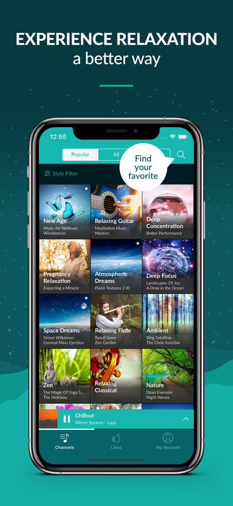 Zen Radio: Calm Relaxing Music - Zen Radio mobile app interface featuring curated relaxation music channels like Deep Focus and Nature.