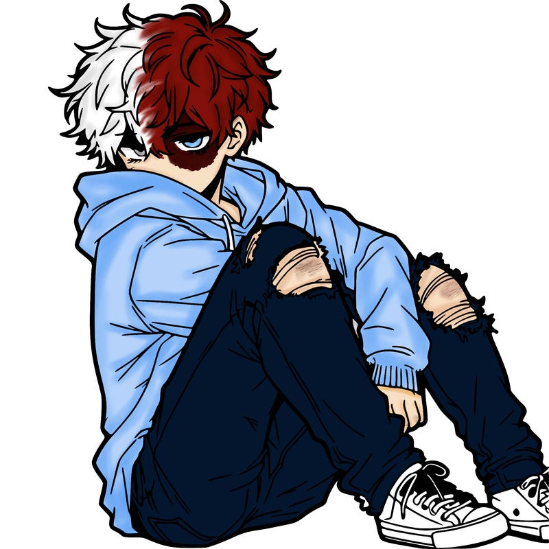 a male hoddie ripped jeans messy hair anime