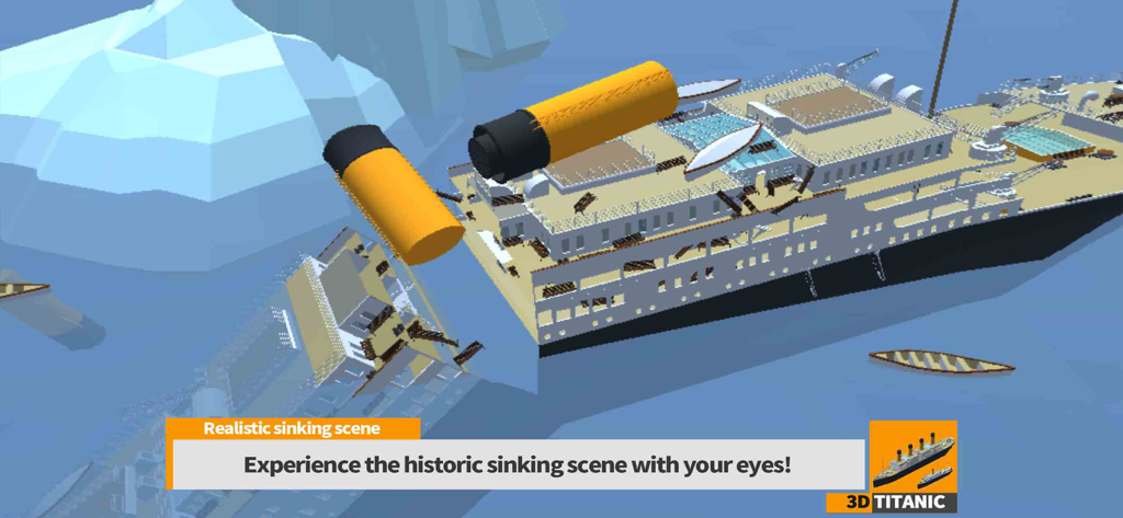 Une simulation 3D montrant le navire Titanic se brisant et sombrant dans l'océan à côté d'un iceberg