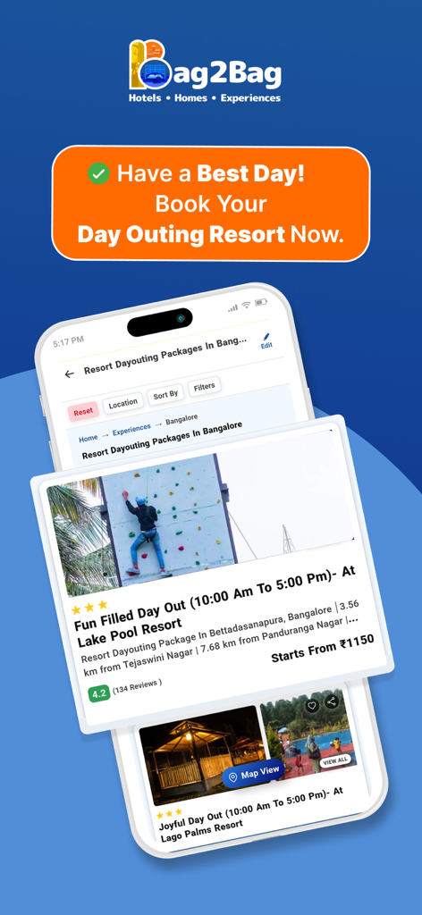 Bag2Bag 모바일 앱 화면, 인도 방갈로르의 리조트 당일치기 패키지 표시
