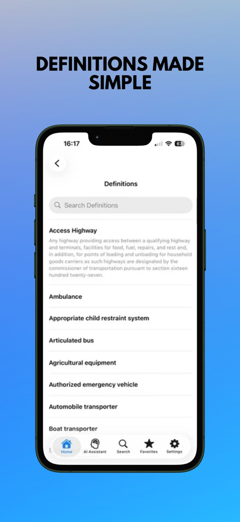 NY VTL app interface showing a list of legal definitions for New York vehicle and traffic laws.