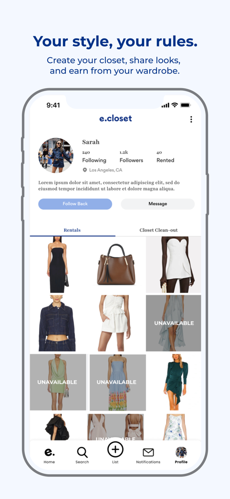 User profile on the E Closet app displaying a shared digital wardrobe with items available for rent.