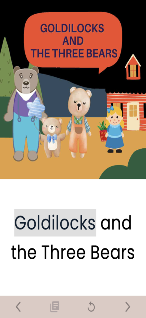 Children's Books Read Aloud - Goldilocks and the Three Bears book page in a kids reading app with word highlighting