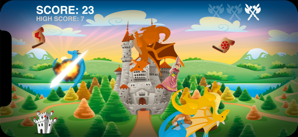 Dragon Slayer Quest - Dragon Slayer Quest mobile game screen showing a castle and dragons being slashed
