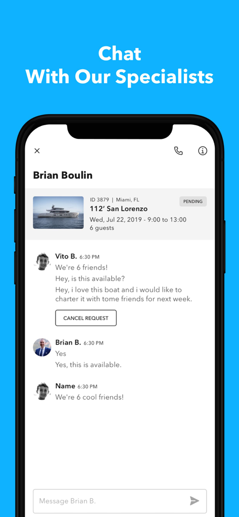 YachtLife | Yacht Charter - Mobile app interface of YachtLife showing a chat conversation with a specialist to book a luxury yacht charter
