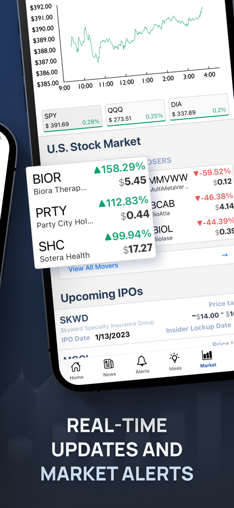 Benzinga app interface showing a stock market graph, top gainer and loser stocks, and upcoming IPO information