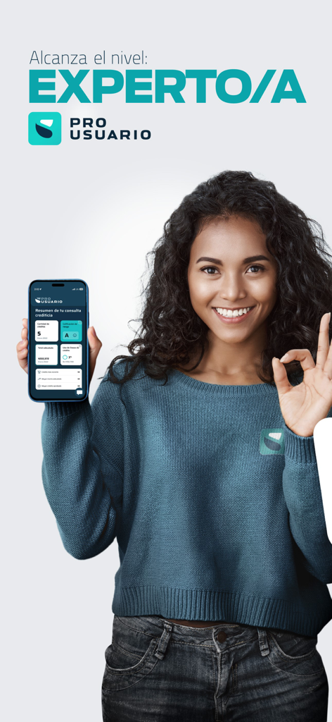 A woman smiling and holding a smartphone showing the ProUsuario credit consultation summary screen with the text Reach the Expert Level