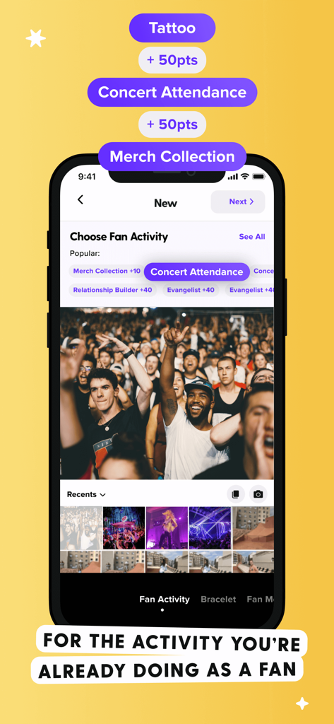 Fave - For Passionate Fans - Una captura de pantalla de la app Fave mostrando cómo los usuarios pueden ganar puntos de recompensa seleccionando actividades de fan como la asistencia a conciertos