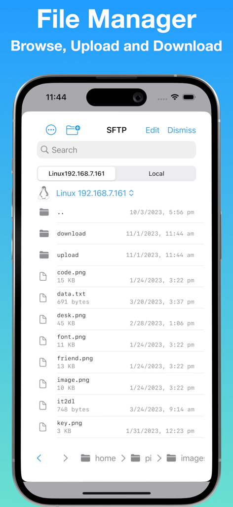 Una captura de pantalla móvil mostrando el gestor de archivos SFTP de La Terminal con una lista de archivos y carpetas del servidor remoto en un iPhone