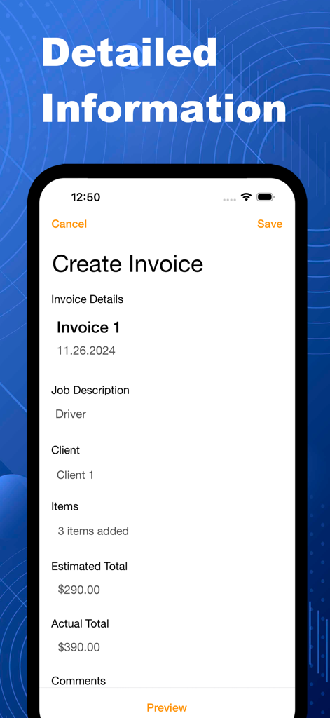Simple Invoice Creator & Maker - Tela de celular mostrando o formulário de criação de fatura com campos para descrição do trabalho do cliente e valor total