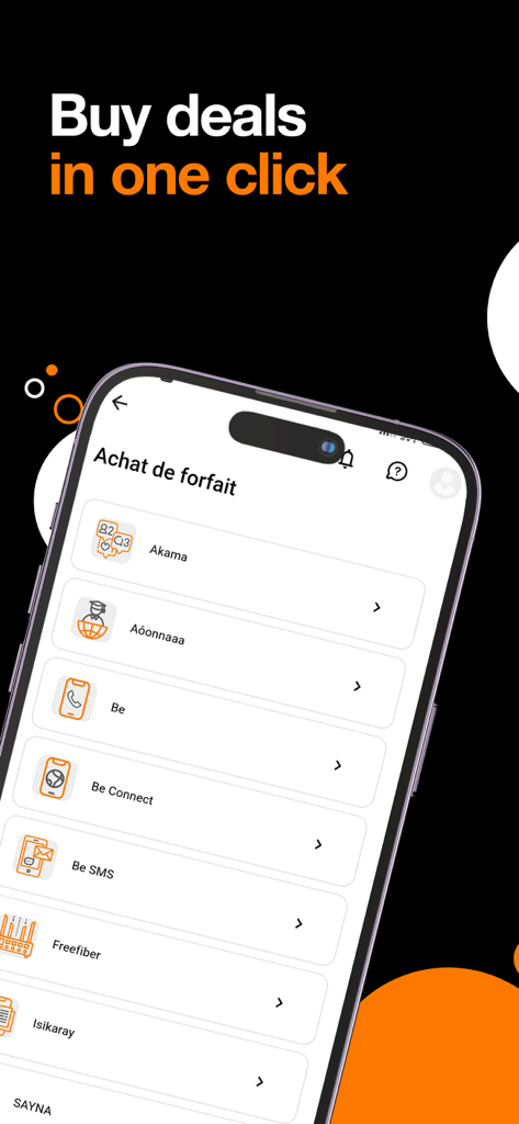 Orange Max it - Madagascar - Écran de l'application Orange Max it affichant les options d'achat de forfaits mobiles à Madagascar