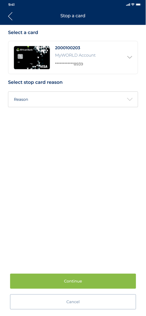 African Bank app screen showing the interface to stop a bank card with a reason selection dropdown.