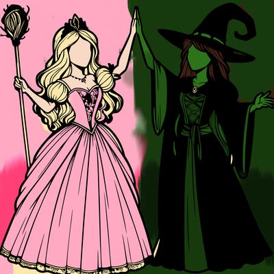 detailed realistic split of a princess and a witch