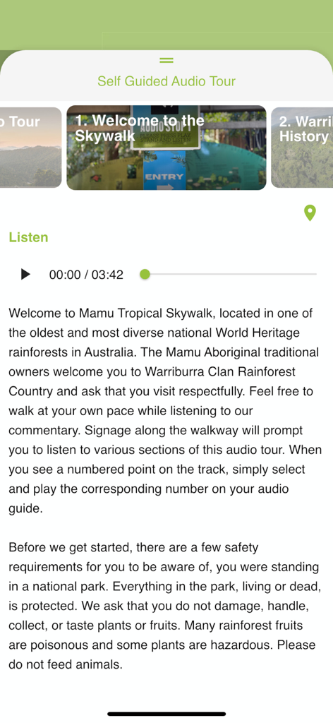Mamu Tropical Skywalk - A smartphone screen showing the self-guided audio tour interface of the Mamu Tropical Skywalk app, featuring a welcome message and an audio player.
